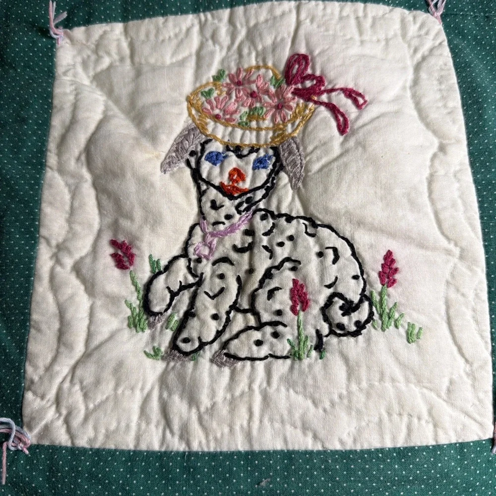 Vintage Handmade Embroidered Crib Quilt Playful Animals Green White